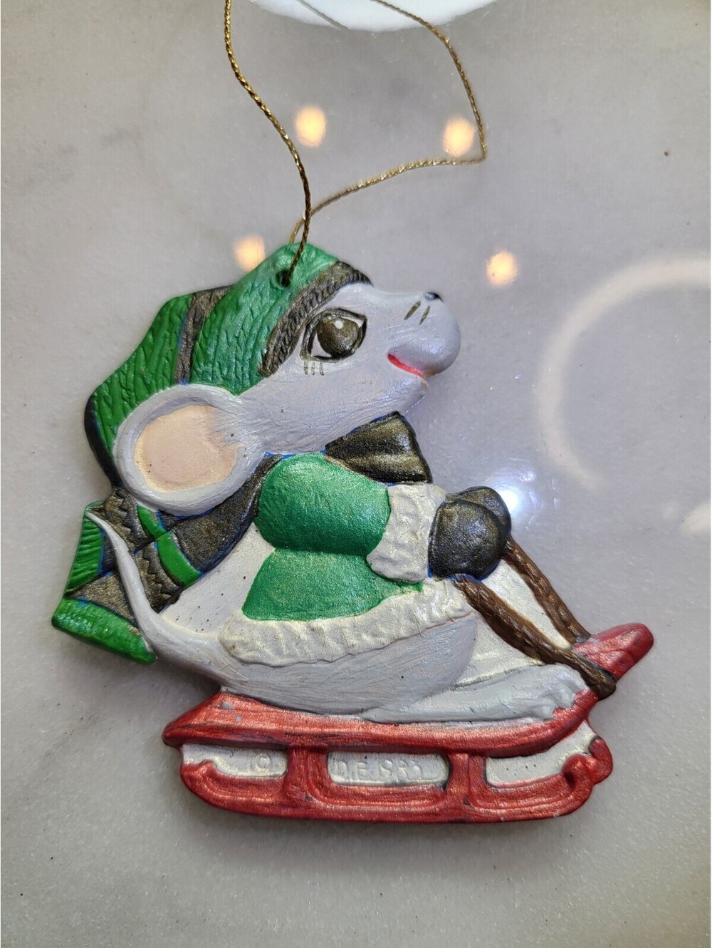 D.E. 1983 OOAK Handpainted Ceramic Mouse On Sled Christmas Ornament 3" A50 - Picture 7 of 7